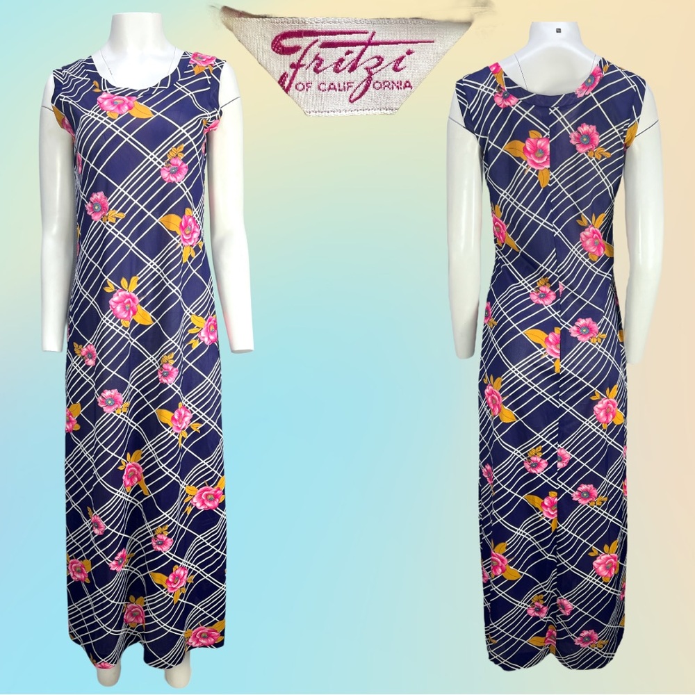 VTG 70's Purple with Pink Floral Print Fritzi of California Sleeveless Dress